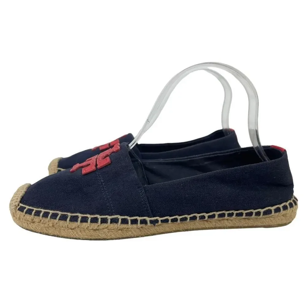 TORY BURCH Weston Navy Red Canvas Slip On Flat Espadrille Sandals Size 8M
